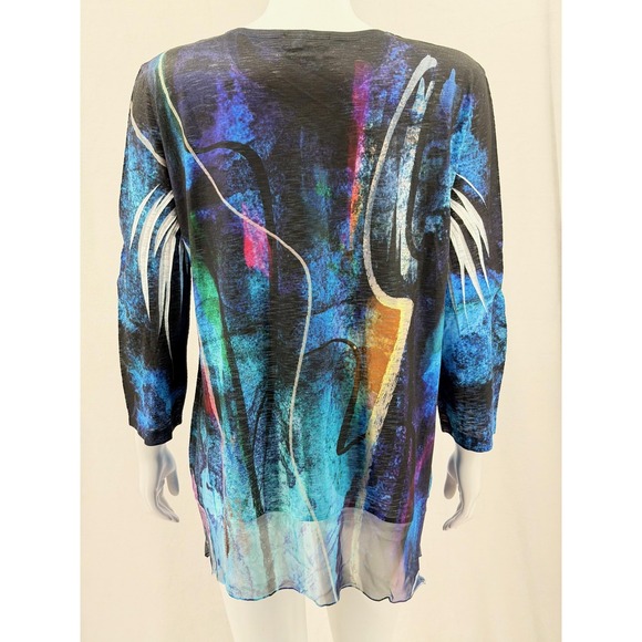 Jess & Jane Top Womens Large Blue Abstract Tunic Sheer Boho Art Stretch Colorful - Picture 5 of 10